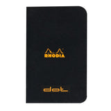 Rhodia Skrivhäften - A7 Dotted från Rhodia - Svart skrivhäfte som det i orange skrift står Rhodia och Dot på. - Tidformera