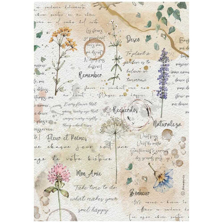 Rice Paper A4 - Flowers and Poems - Flowers and Writings - 1 - Stamperia - Tidformera