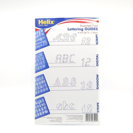 Baksidan på förpackningen. Det står Assorted Font Lettering guide och fyra olika stenciler syns. - Tidformera