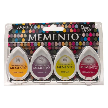 4 stämpeldynor med färgerna gul, lila, grön och röd i en förpackning. Stämpeldyna Memento Dew Drop - Farmer's Market från Tsukineko - Tidformera