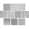 Stencil 15 x 15 cm - 10-pack från Creotime. 10 stenciler i grå plast ligger uppradade. De har olika grafiska mönster.  - Tidformera