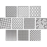 Stencil 15 x 15 cm - 10-pack från Creotime. 10 stenciler i grå plast ligger uppradade. De har olika grafiska mönster.  - Tidformera