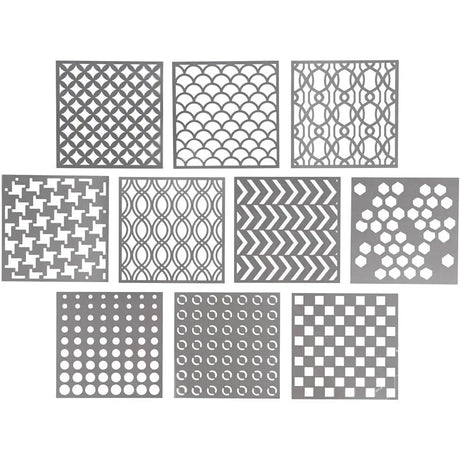 Stencil 15 x 15 cm - 10-pack från Creotime. 10 stenciler i grå plast ligger uppradade. De har olika grafiska mönster.  - Tidformera