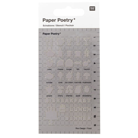 Stencil Paper Poetry Liten - Food från Rico Design. Förpackning med en stencil i plast. Motiven är med bestick, muggar, glas, glass, bär, hamburgare, fisk. Bokstäver med Breakfast, Lunch, Dinner. - Tidformera