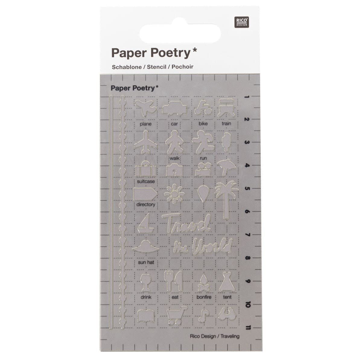 Stencil Paper Poetry Liten - Travel från  Rico Design. Förpackning med en plaststencil. Stencilen har motiv med plan, bil, cykel, tåg, gå, springa, båt.  - Tidformera