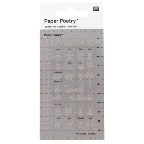 Stencil Paper Poetry Liten - Travel från  Rico Design. Förpackning med en plaststencil. Stencilen har motiv med plan, bil, cykel, tåg, gå, springa, båt.  - Tidformera