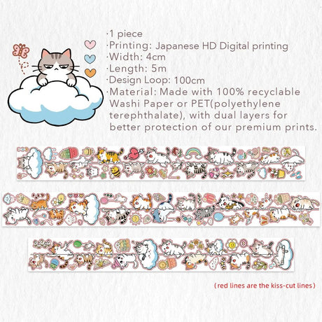 Sticker Pet Tape - Pre-cut - 40 mm - Kitty Cascade - 6 - Washi Tape Shop - Tidformera