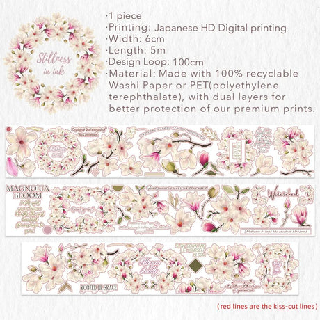 Sticker Pet Tape - Pre-cut - 60 mm - Magnolia Bloom - 7 - Washi Tape Shop - Tidformera