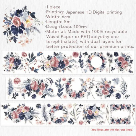 Sticker Pet Tape - Pre - cut - Frosty Rose - 60 mm - 6 - Washi Tape Shop - Tidformera