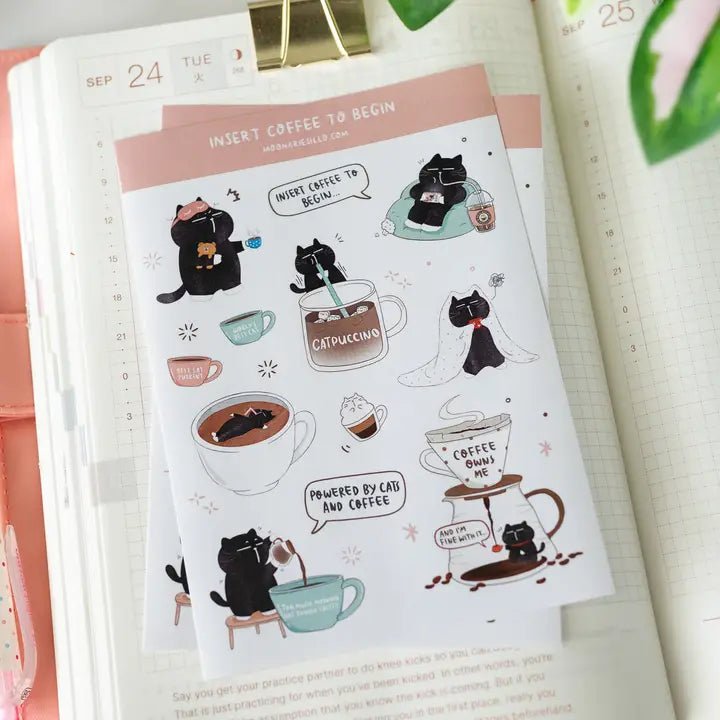 Sticker Sheet - Mocha Cat - Insert coffee to begin - 1 - CutieSquad - Tidformera