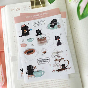 Sticker Sheet - Mocha Cat - Insert coffee to begin - 1 - CutieSquad - Tidformera