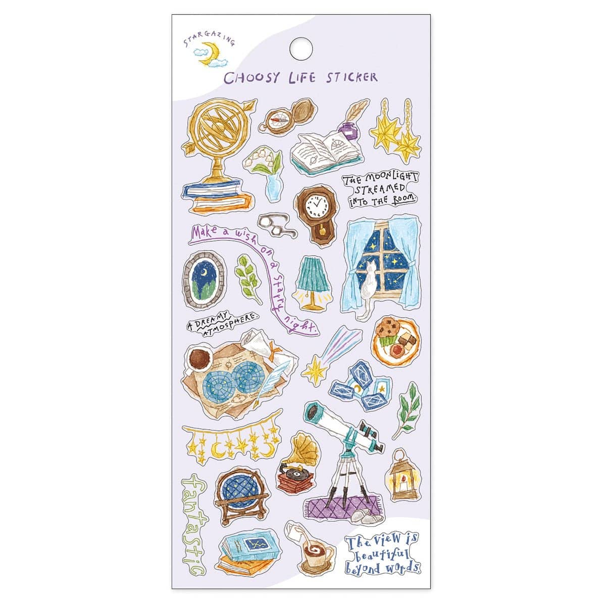 Stickers Choosey Life Sticker - Stargazing från Mind Wave. Ett ark med  klistermärken på temat stjärnskådning. Stjärnkikare, stjärnkarta, böcker, i ett fönster sitter en katt och tittar på stjärnor - Tidformera