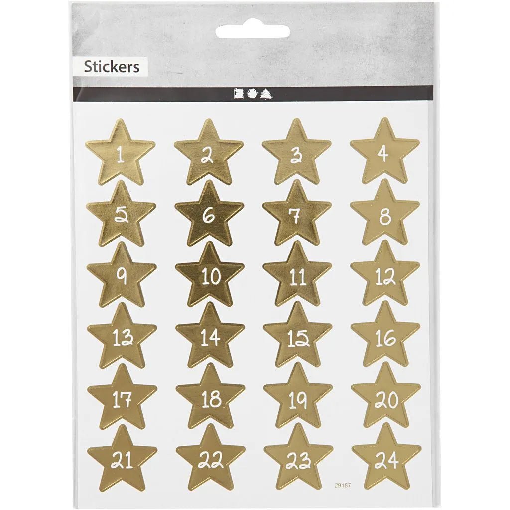 Förpackning med klistermärken. Guldstjärnor med siffrorna 1-24 på. Stickers Creotime Jul - Advent numbers - Stjärnor från Creotime - Tidformera