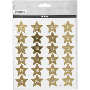 Förpackning med klistermärken. Guldstjärnor med siffrorna 1-24 på. Stickers Creotime Jul - Advent numbers - Stjärnor från Creotime - Tidformera