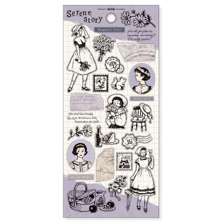 Stickers - Serene Story - Margaret's outing  från Mind Wave. Ett ark med klistermärken där en flicka står i  fokus - Tidformera 
