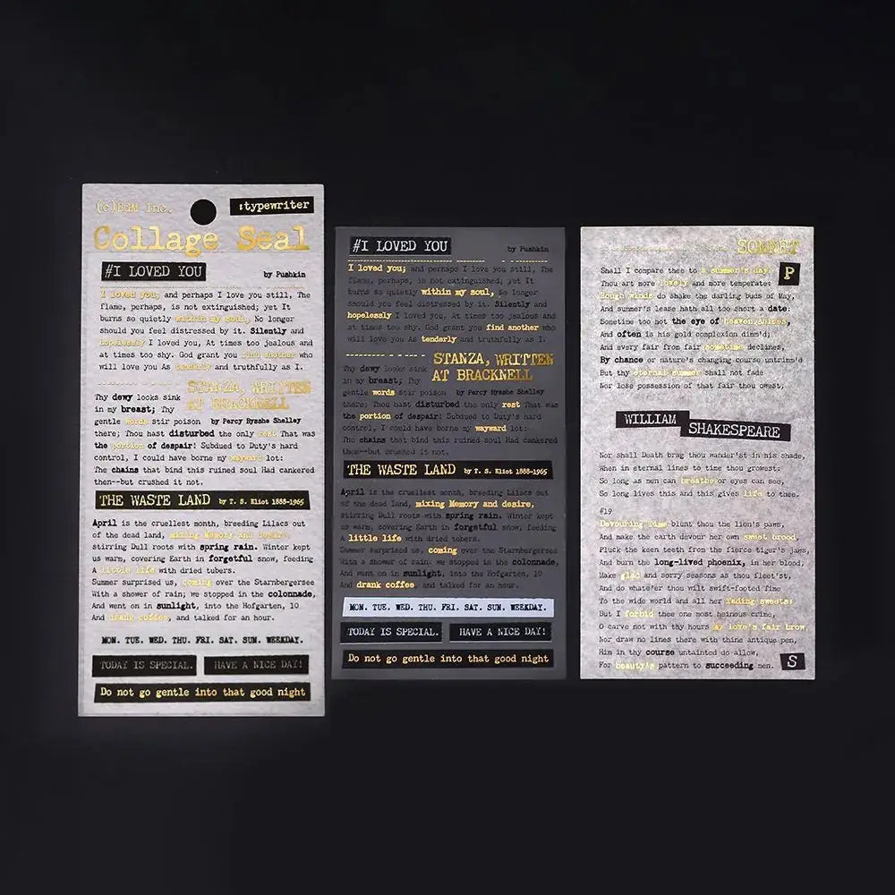 Förpackning med klistermärken med text. Stickers Sheet Sticker Collage - Typewriter från BGM - Tidformera