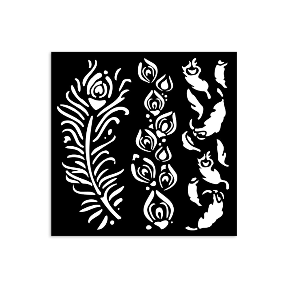 Thick Stencil 12 x 12 cm - Masquerade - Feathers från Stamperia. Stencil med fjärdrar. - Tidformera