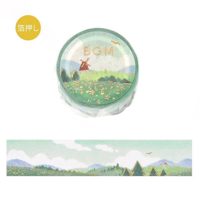 Grön dekorationstejp med landskap. Washi Tape - Dreamscape - Field från BGM - Tidformera