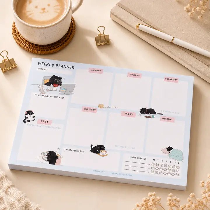 Weekly Planner Notepad - Mocha cat - A5 - 4 - Moonaries illo - Tidformera