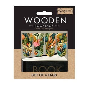 Förpackning med  små bokmärken i trä. Motiv är djungeln. Wooden Booktags - Artdeco från Cozywood - Tidformera