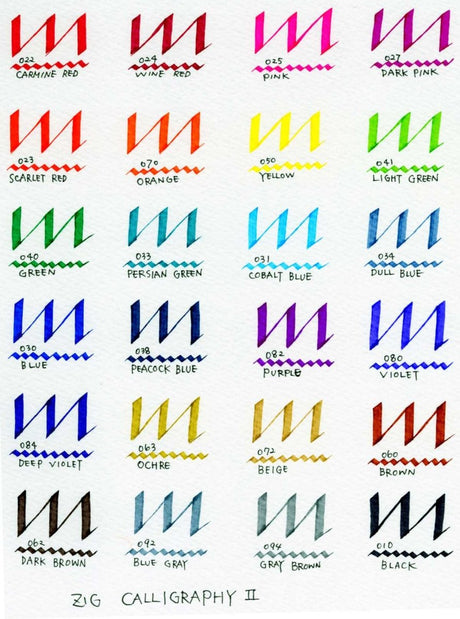 Swatch med färgerna på Zig Calligraphy ll TC-3100 pennor. Tidformera
